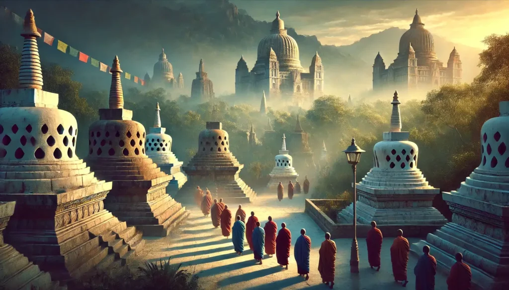 一群僧侶穿著傳統袈裟，沿著佛塔的台階走向神聖的佛教遺址，周圍的寺廟和佛塔在晨光中顯得格外寧靜祥和，象徵著佛教信仰的虔誠與靈修之旅。