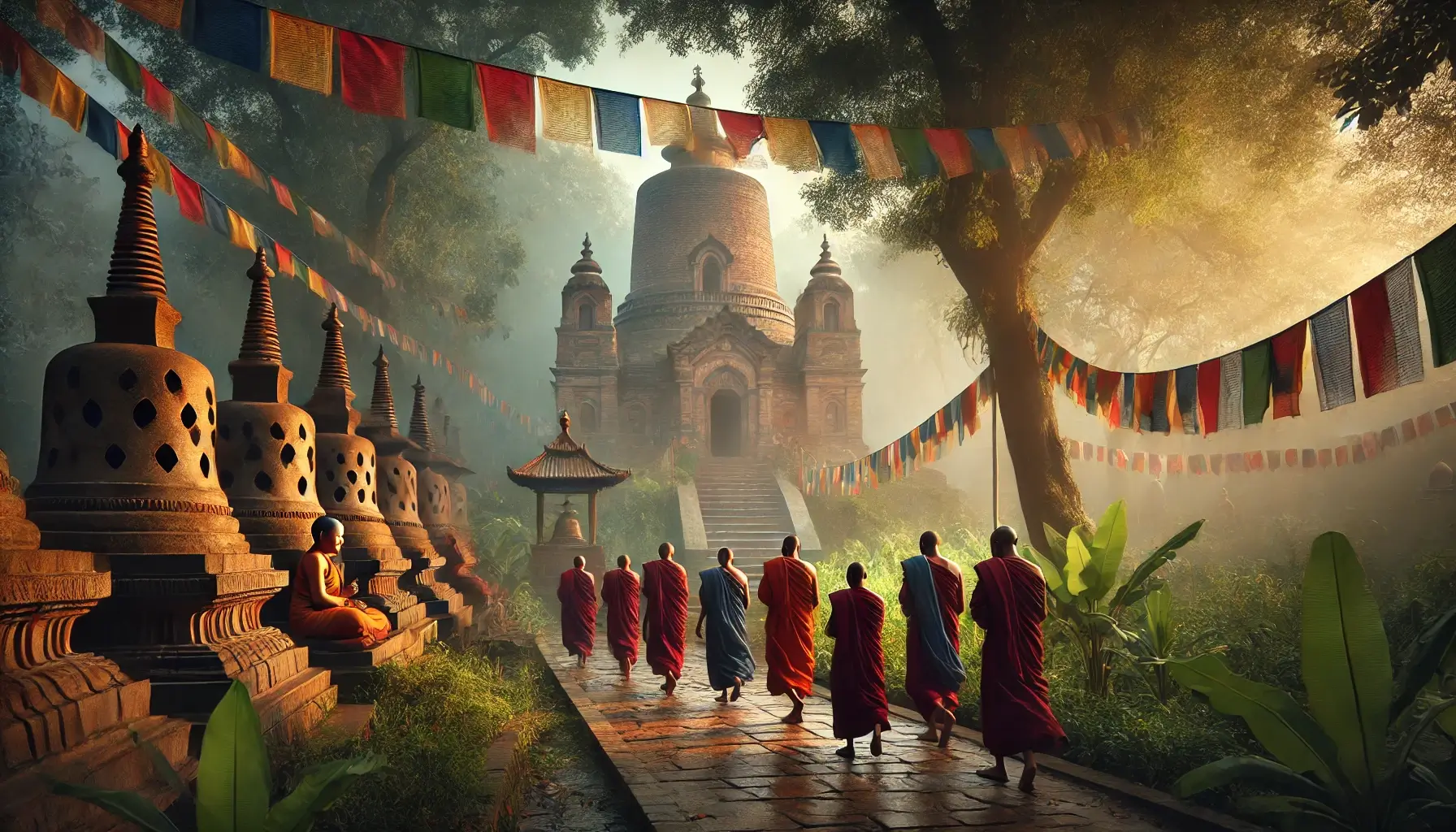 一群僧侶穿著傳統袈裟，走向一座古老的佛教寺廟，周圍懸掛著五彩經幡，背景中的樹木與寺廟相映成趣，呈現出寧靜與和平的宗教氛圍，象徵著佛教的靈修與朝聖。