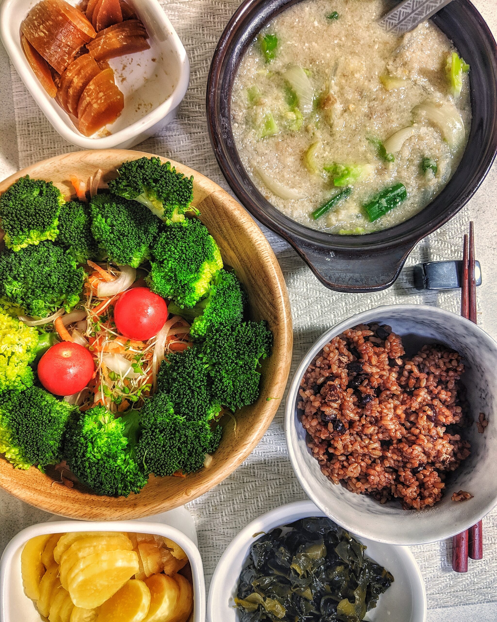 High angle view food served table